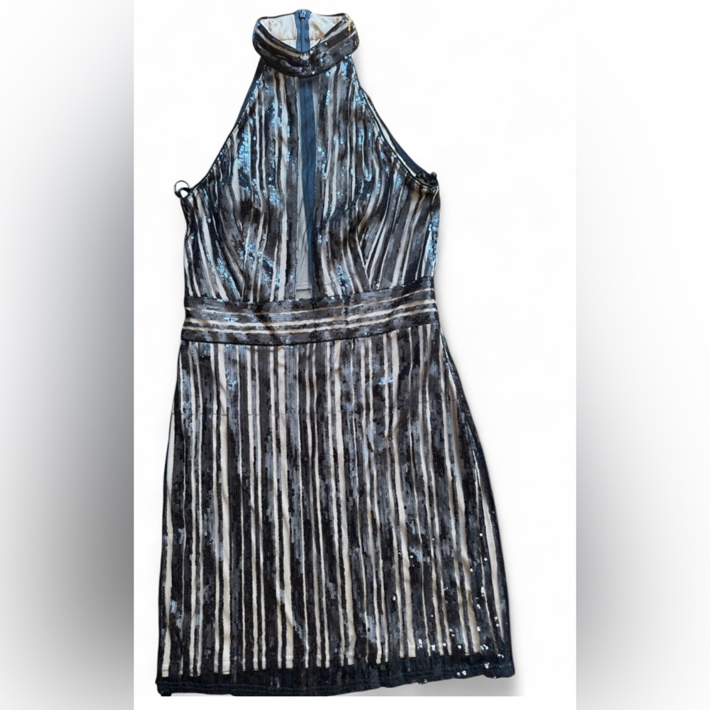 Tadashi Shoji- Black and Gold Sequin Striped Dress